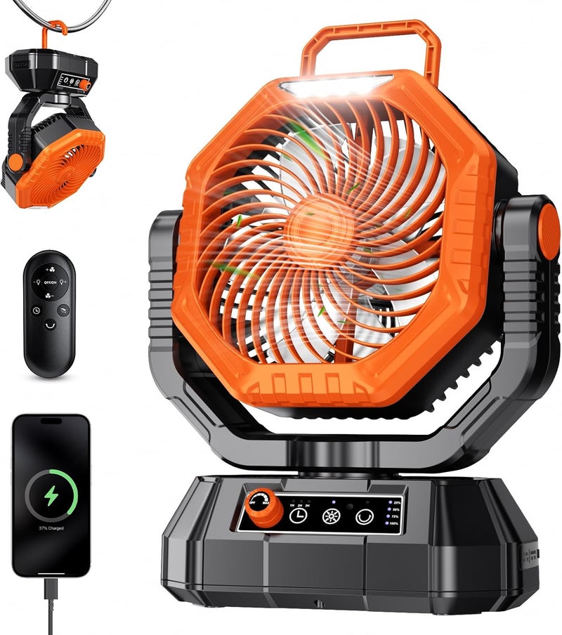 AJVV Camping Fan Rechargeable, Battery Powered Fan With Remote Controller, LED Light, Dual Motors, Stepless Speed, 45°/90°/270° Swing,Timer, Portable fan For Travel Tent Bedroom Beach Fishing, Orange - Image 1